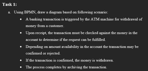 Task 1 : a . Using BPMN , draw a diagram based on