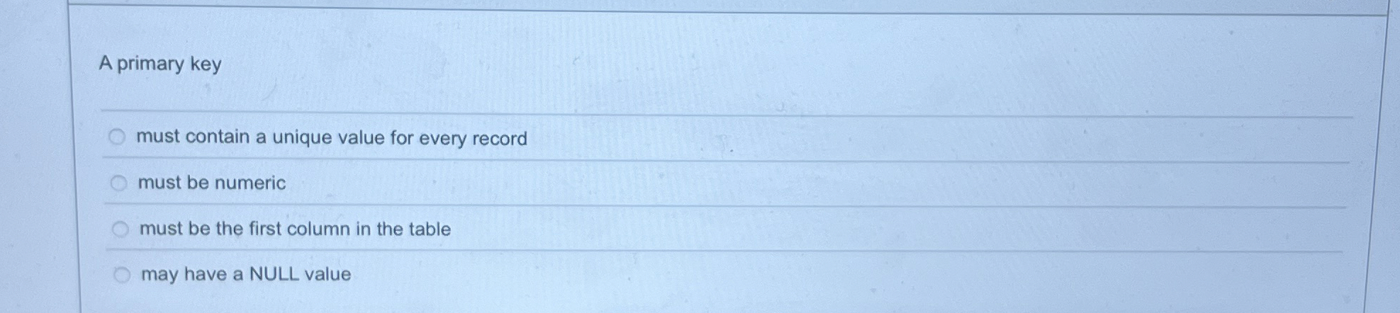 A primary key must contain a unique value for