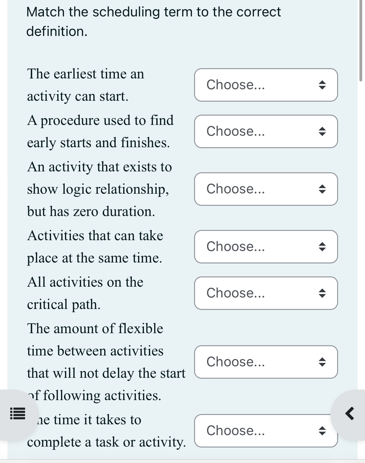 Match the scheduling term to the correct
