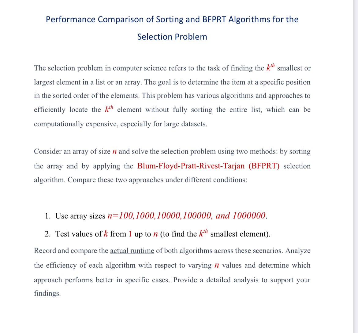 Performance Comparison of Sorting and BFPRT