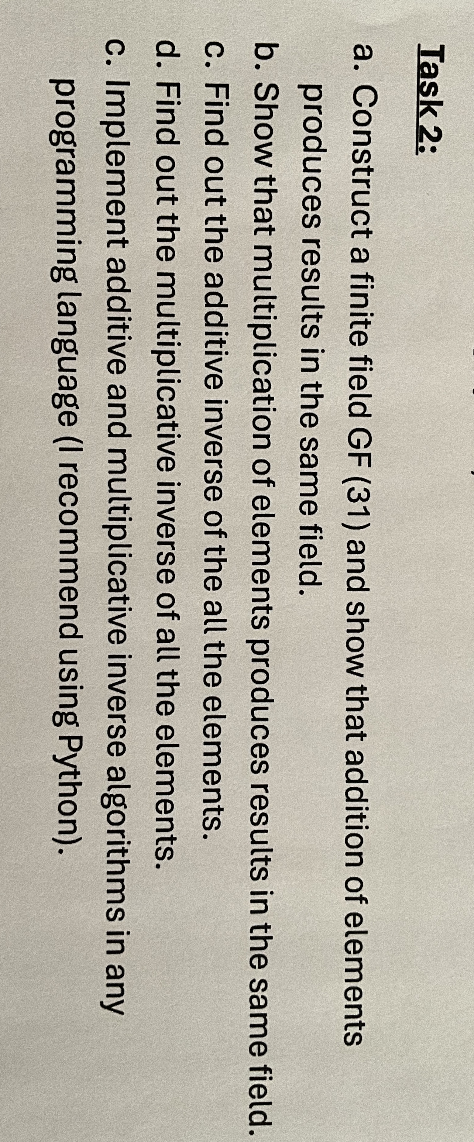 Task 2 : a . Construct a finite field GF ( 3 1 )
