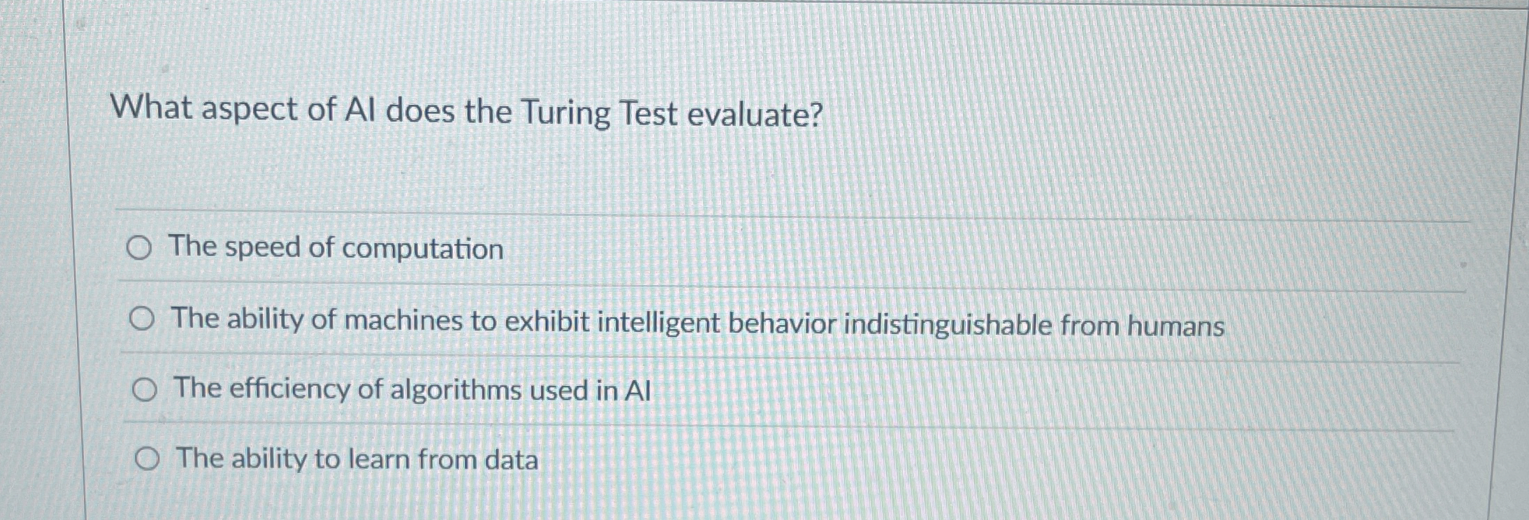 What aspect of AI does the Turing Test evaluate?