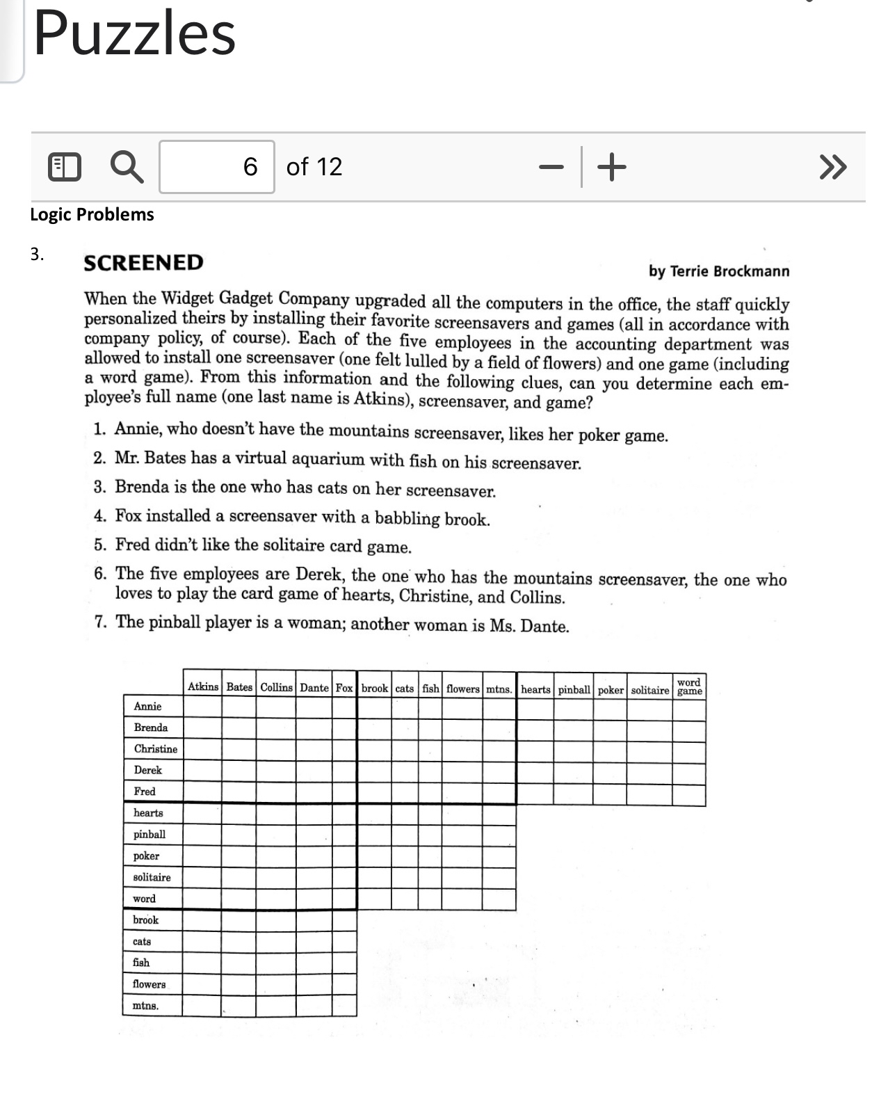 Puzzles Q 6 of 1 2 Logic Problems 3 . SCREENED by