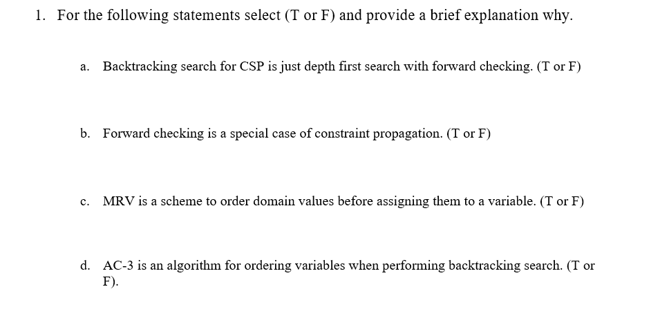 1 . For the following statements select ( T or F