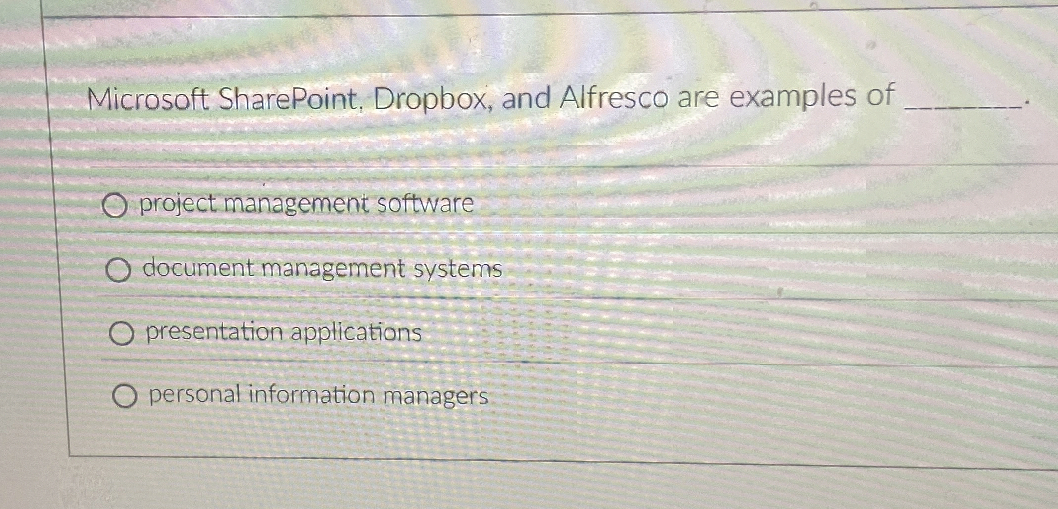 Microsoft SharePoint, Dropbox, and Alfresco are