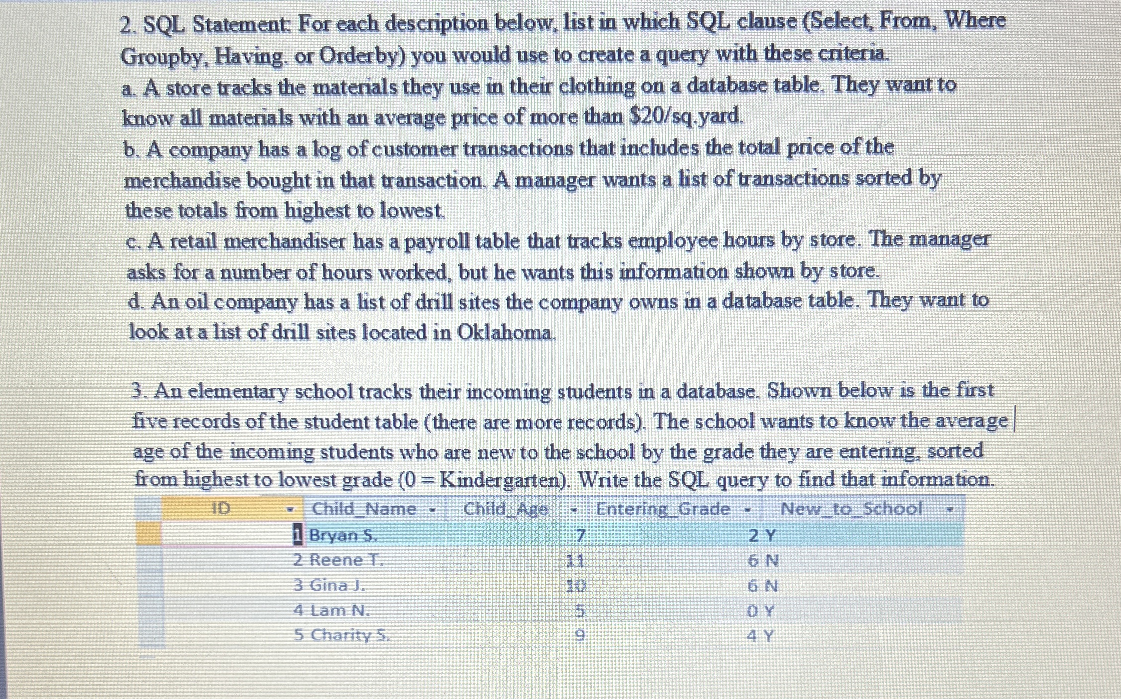 SQL Statement. For each description below, list