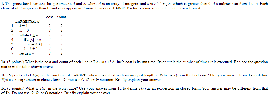 The procedure LARGEST has parameters A and n ,