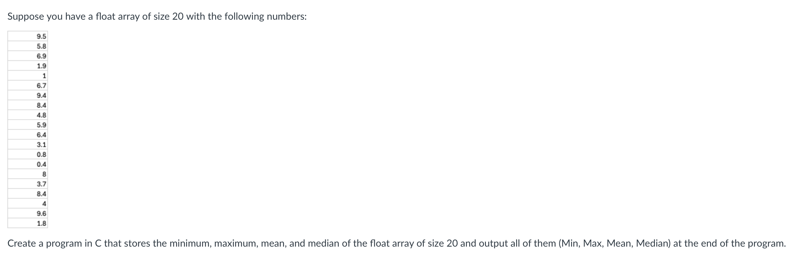 Suppose you have a float array of size 2 0 with