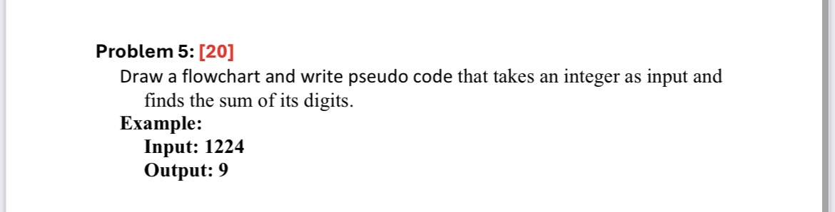 Problem 1 : Draw a flowchart and write pseudo