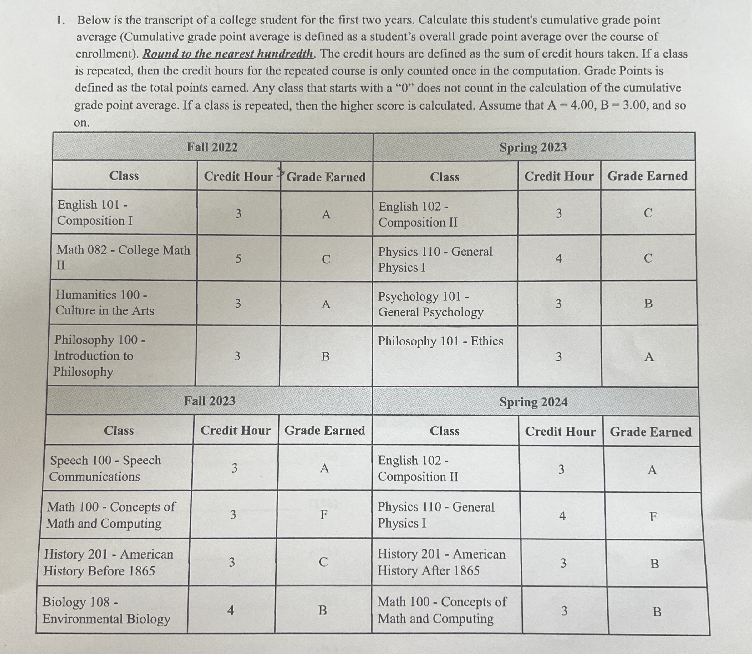 Below is the transcript of a college student for