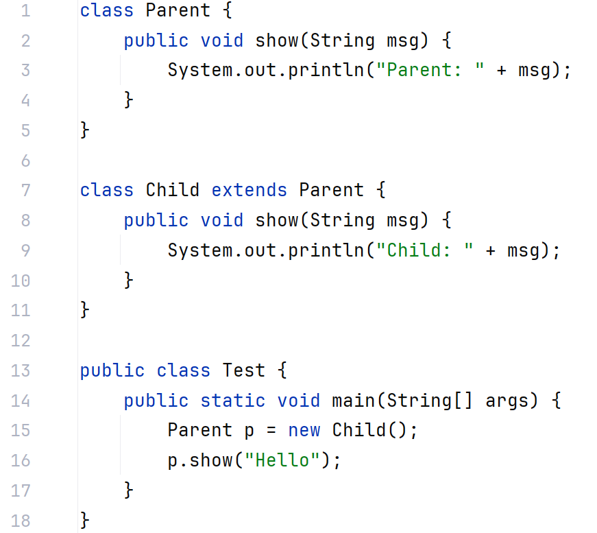 class Parent { public void show ( String msg ) {