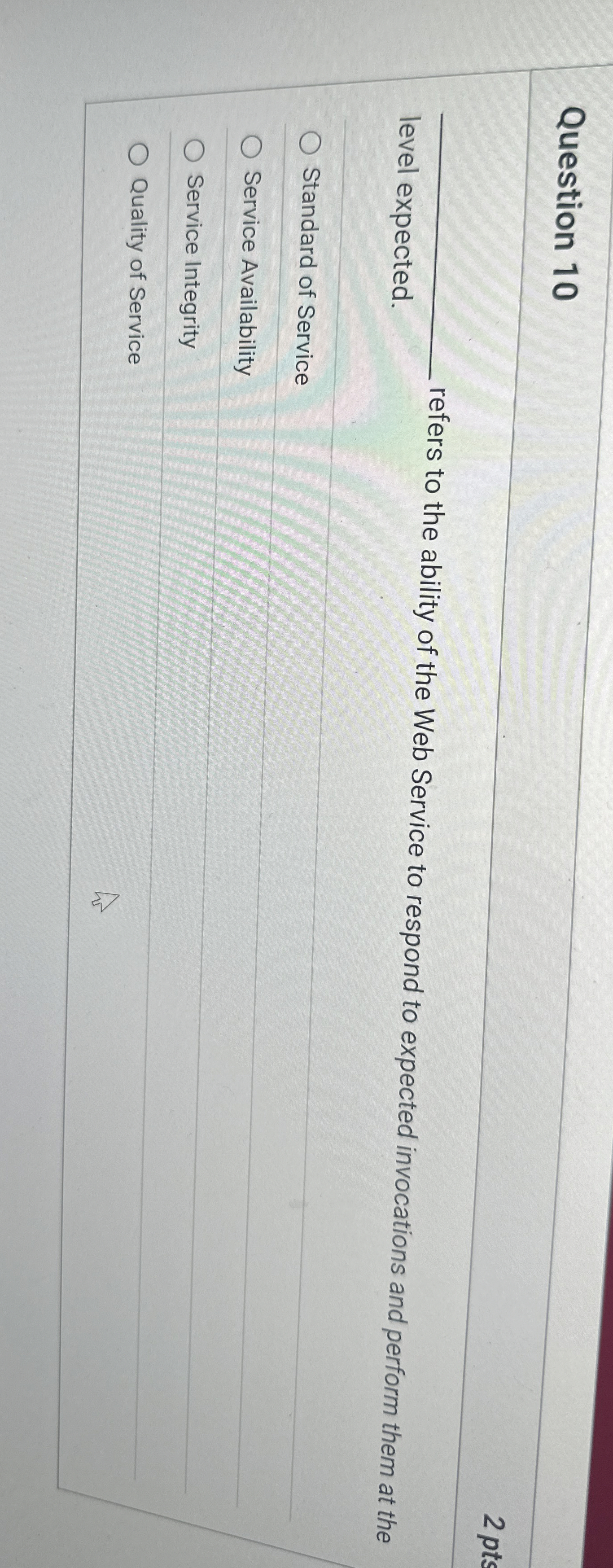 Question 1 0 2 pts level expected. refers to the