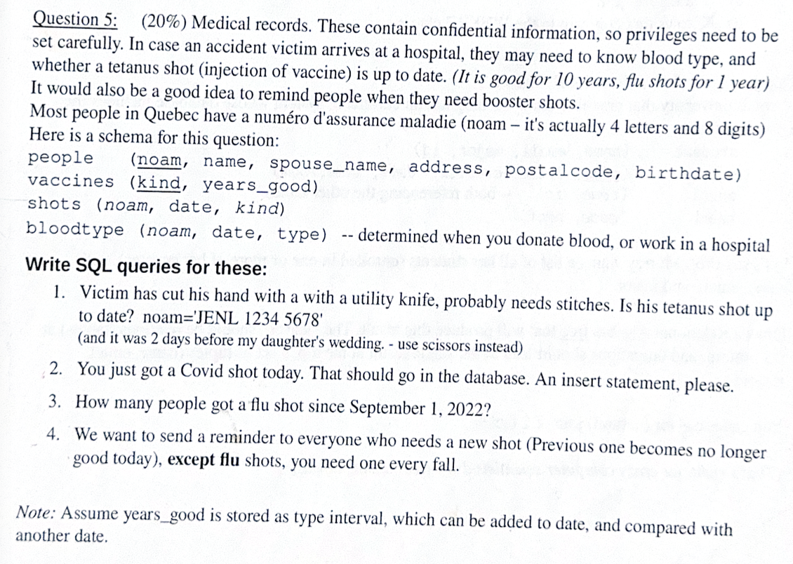 Question 5 : \ ( ( 2 0 \ % ) \ ) Medical records.
