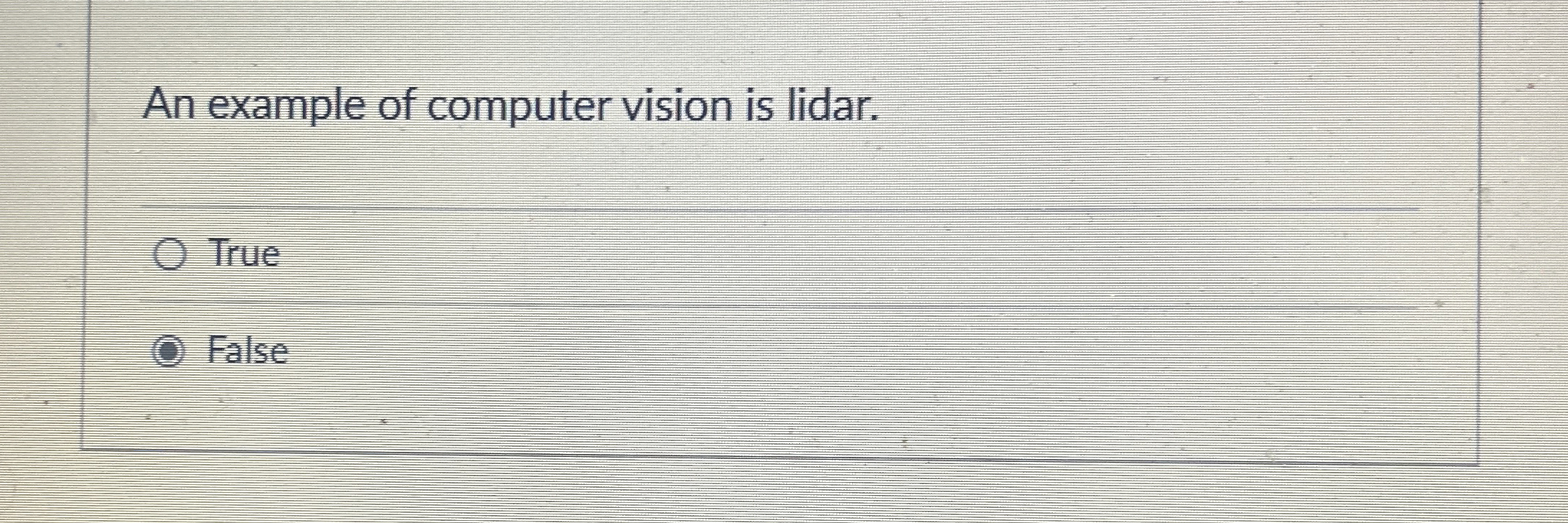 An example of computer vision is lidar. True False