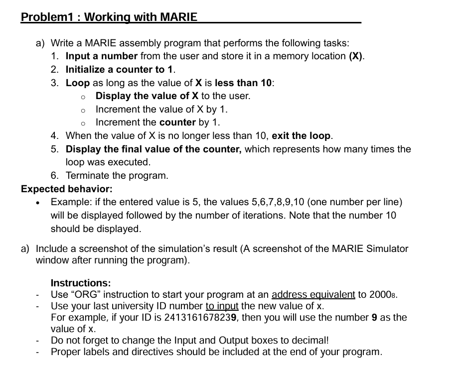Problem 1 : Working with MARIE a ) Write a MARIE