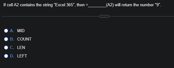 If cell A 2 contains the string "Excel 3 6 5 " ,