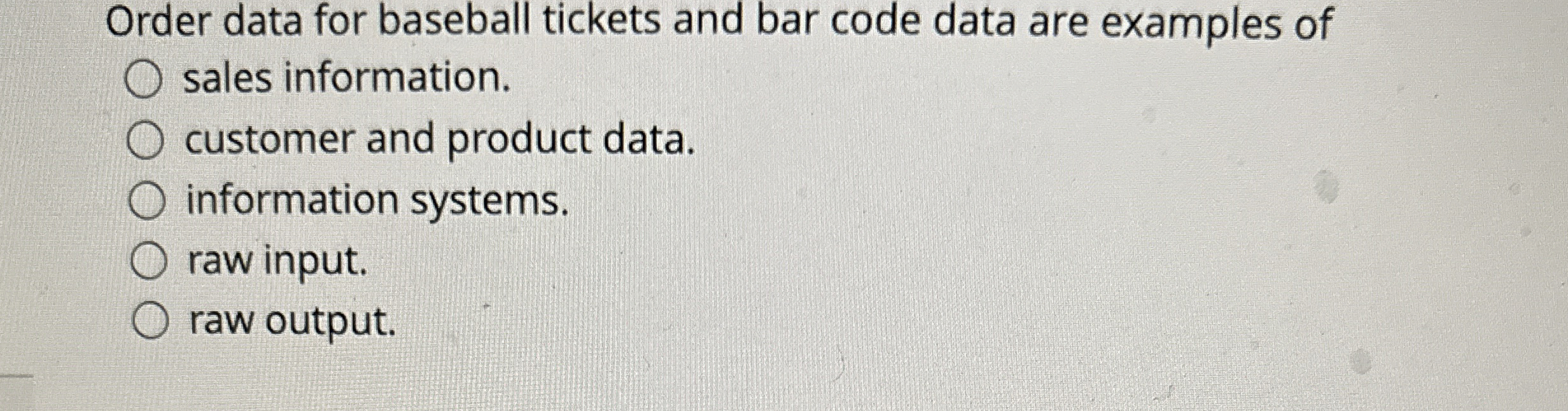 Order data for baseball tickets and bar code data
