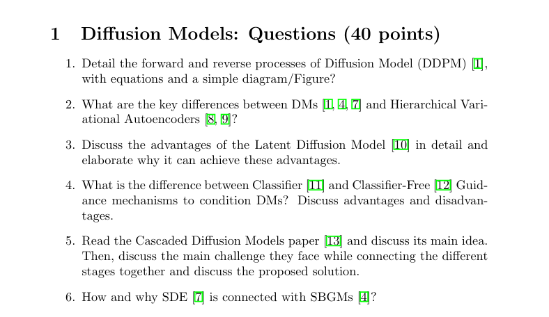 1 Diffusion Models: Questions ( 4 0 points ) 1 .