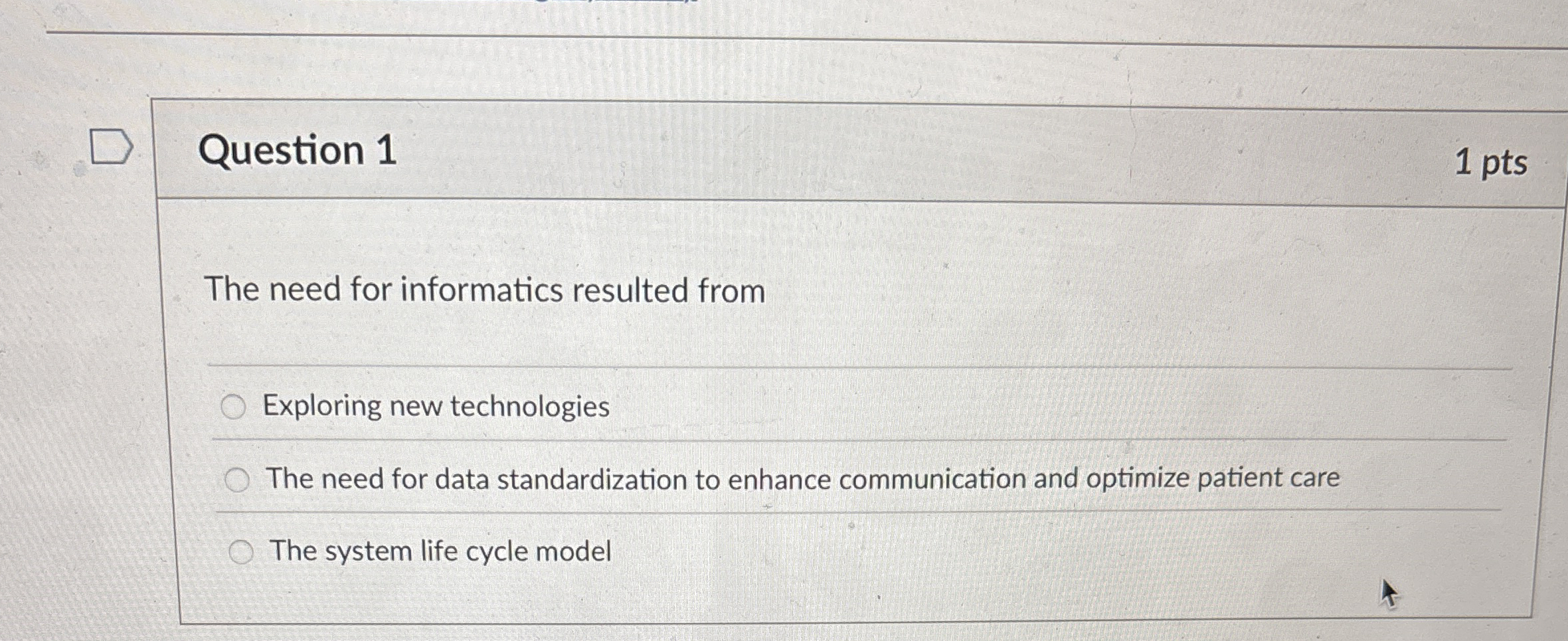 Question 1 1 pts The need for informatics