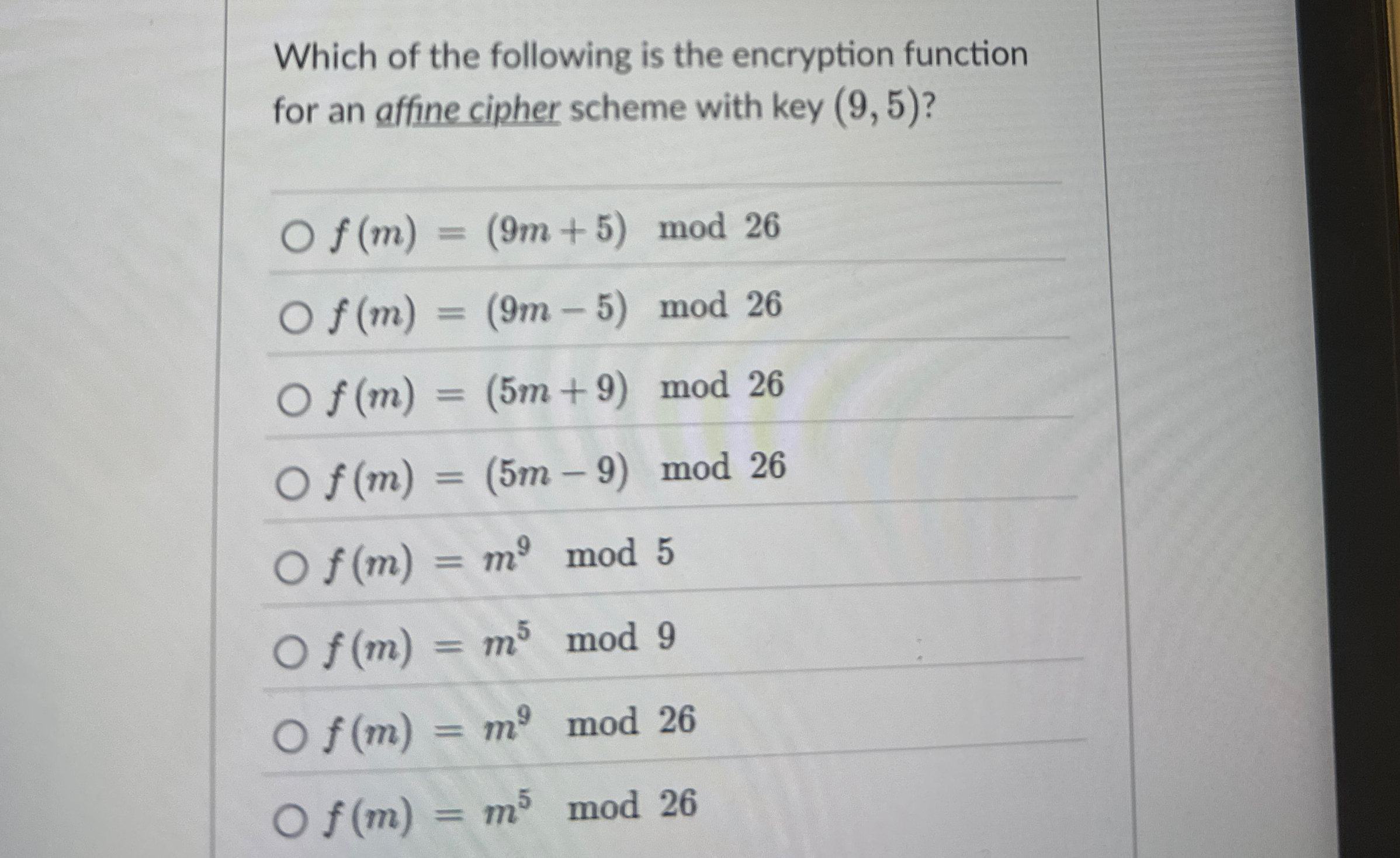 Which of the following is the encryption function