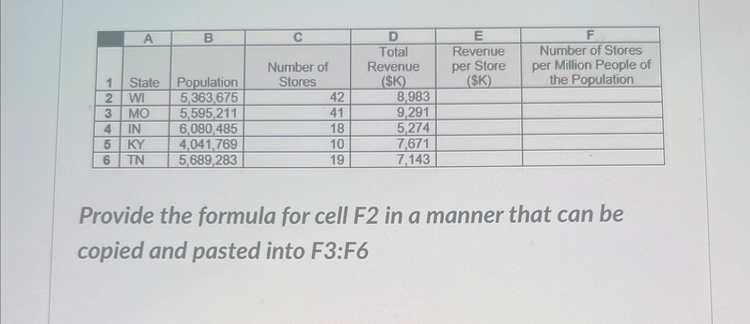Provide the formula for cell F 2 in a manner that