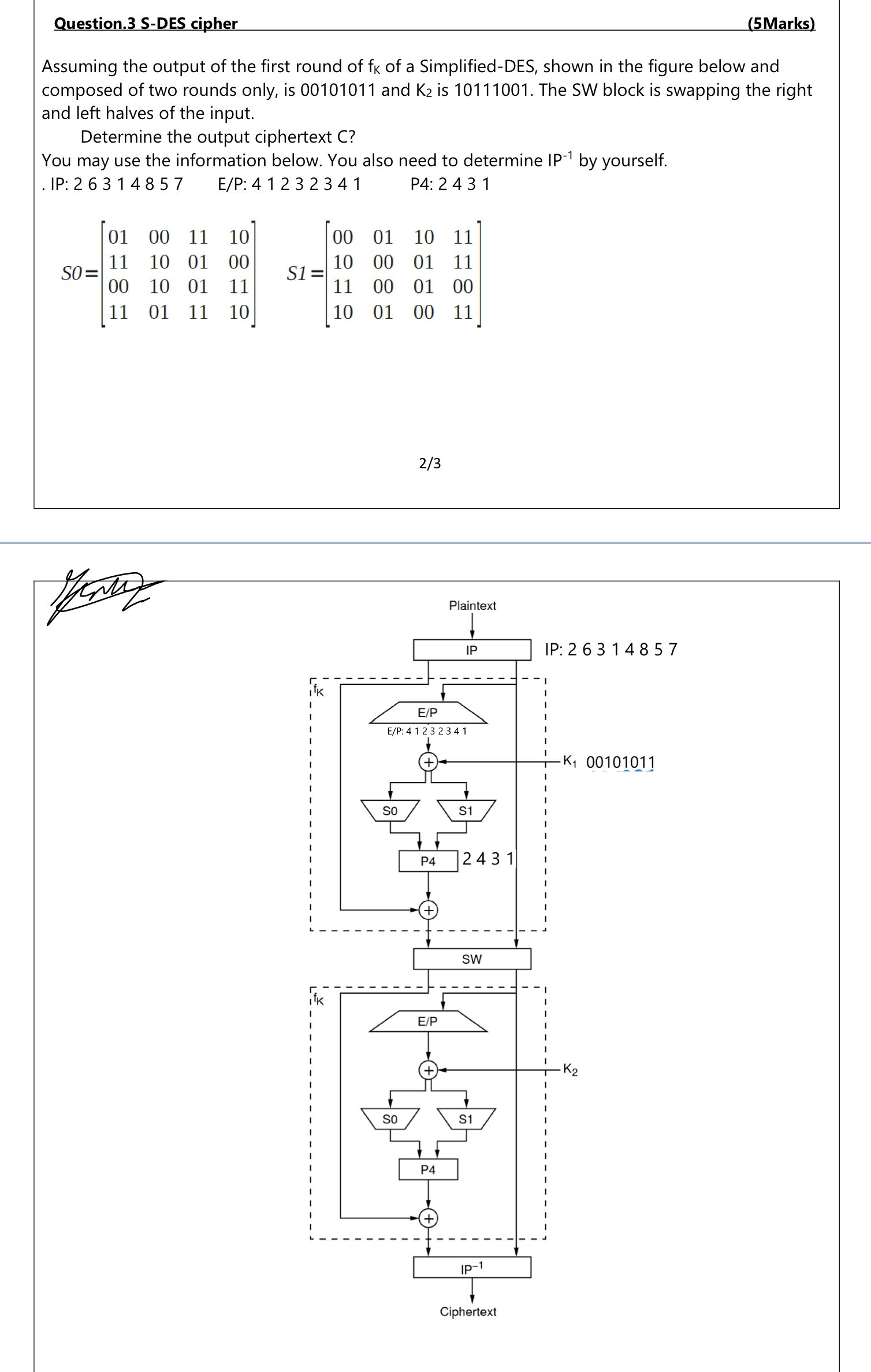 Question. 3 S - DES cipher Assuming the output of
