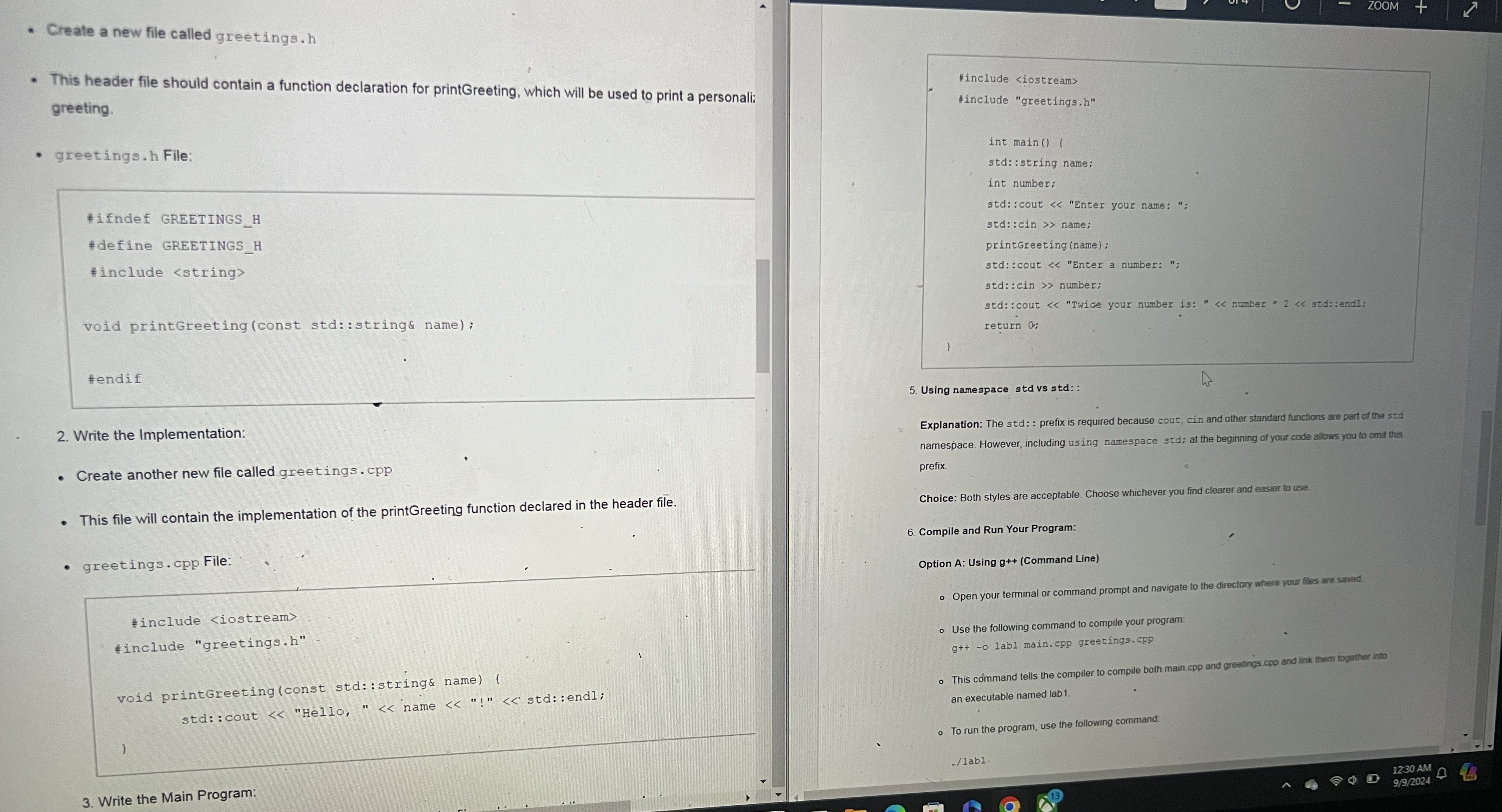 Header file, greeting file, main file