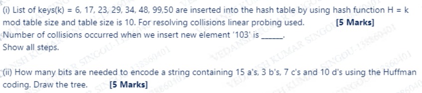 ( i ) List of keys ( k ) = 6 , 1 7 , 2 3 , 2 9 ,