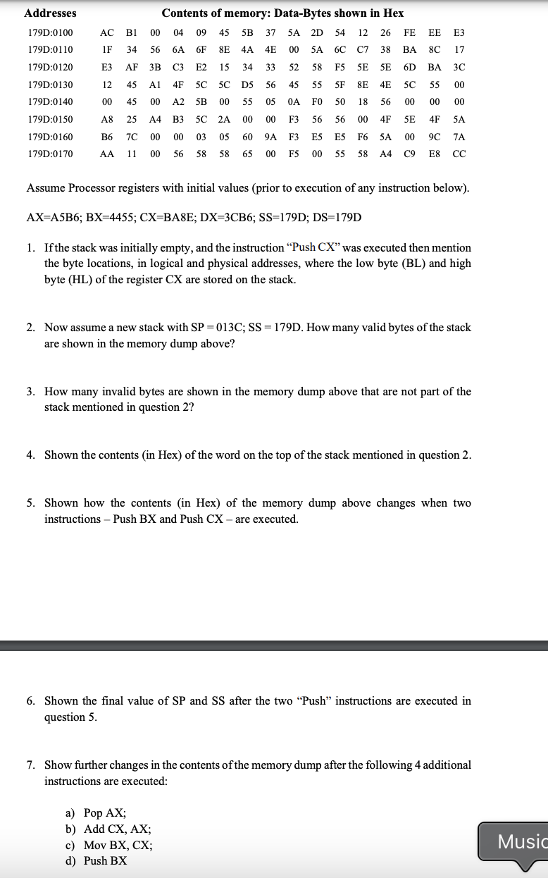 Assume Processor registers with initial values (