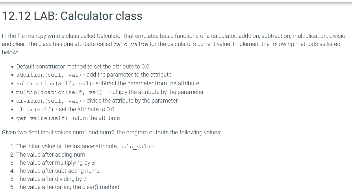 1 2 . 1 2 LAB: Calculator class In the file
