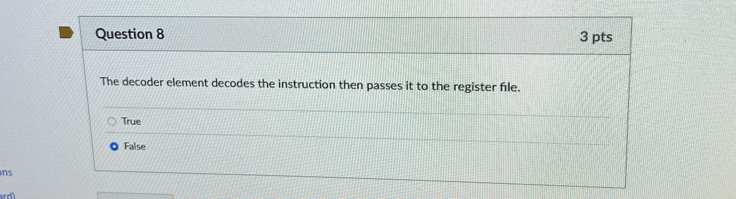 Question 8 3 pts The decoder element decodes the