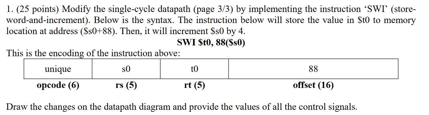  Modify the single-cycle datapath image attached by implementing the instruction 'SWI'