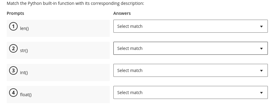 Match the Python built - in function with its