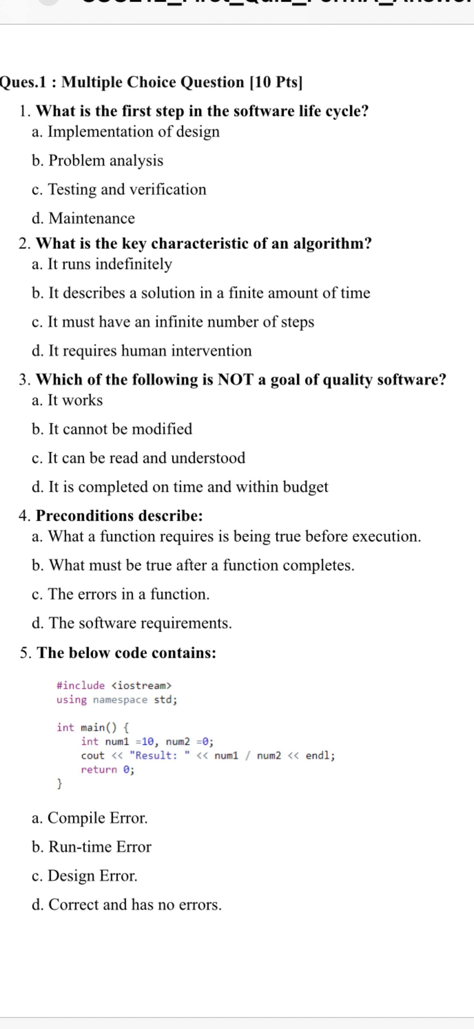 Ques. 1 : Multiple Choice Question [ 1 0 Pts ] 1