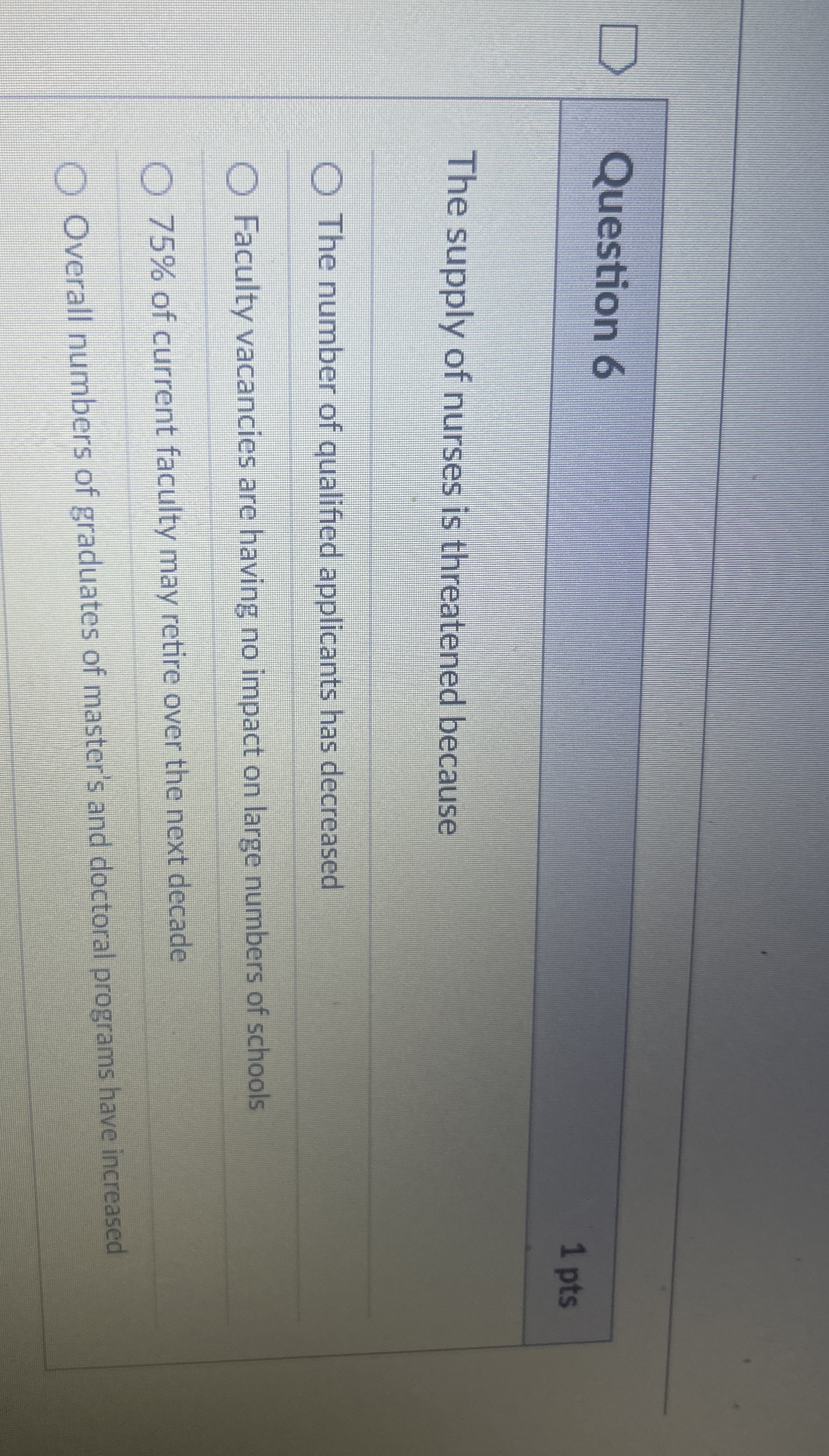 Question 6 1 pts The supply of nurses is