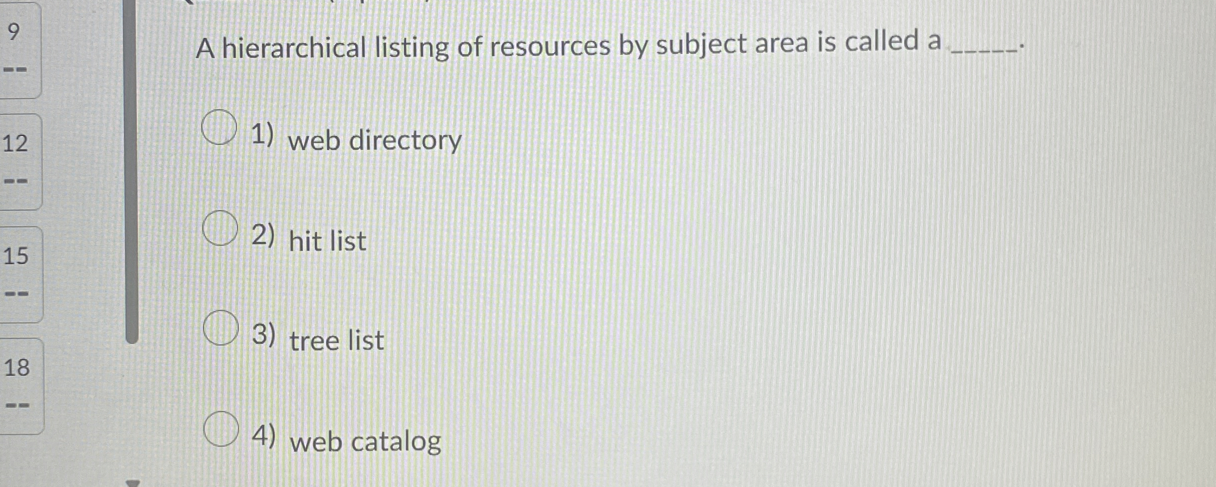 A hierarchical listing of resources by subject