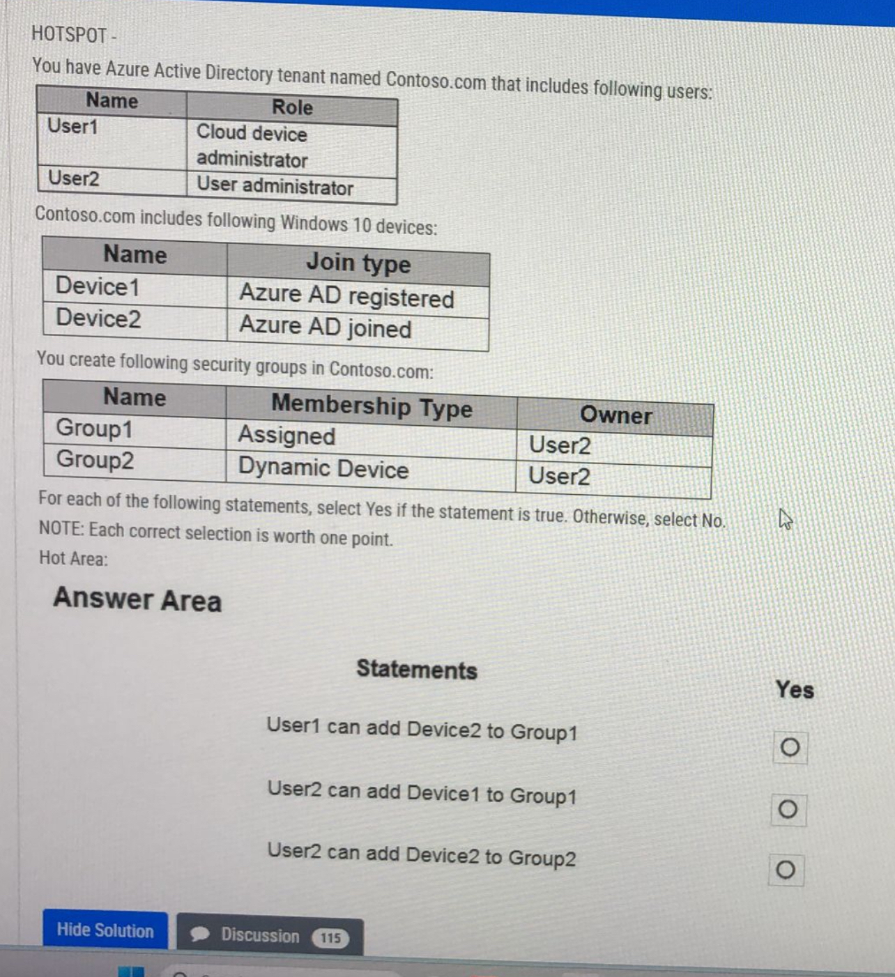 HOTSPOT - You have Azure Active Directory tenant