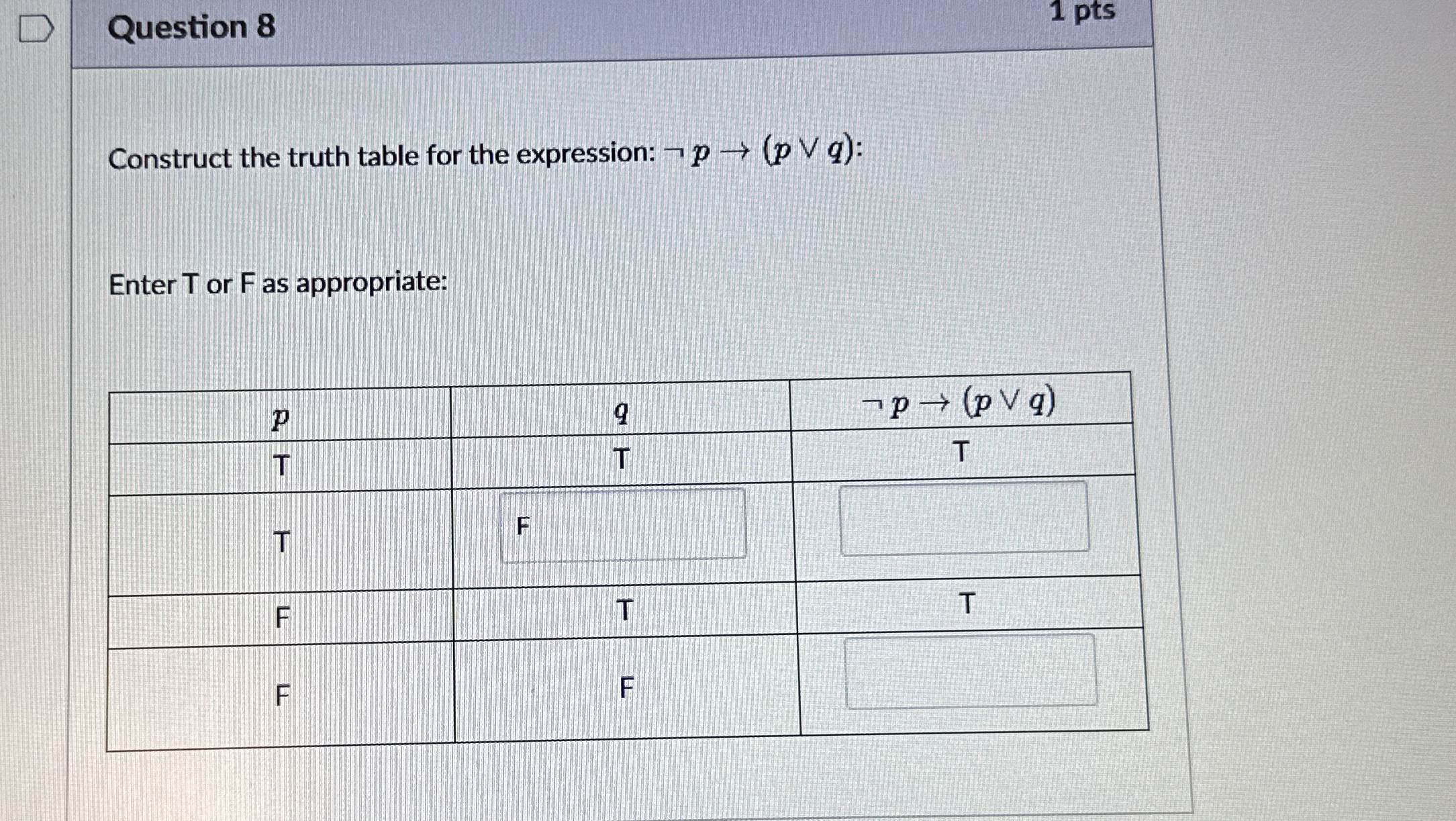 Question 8 1 pts Construct the truth table for