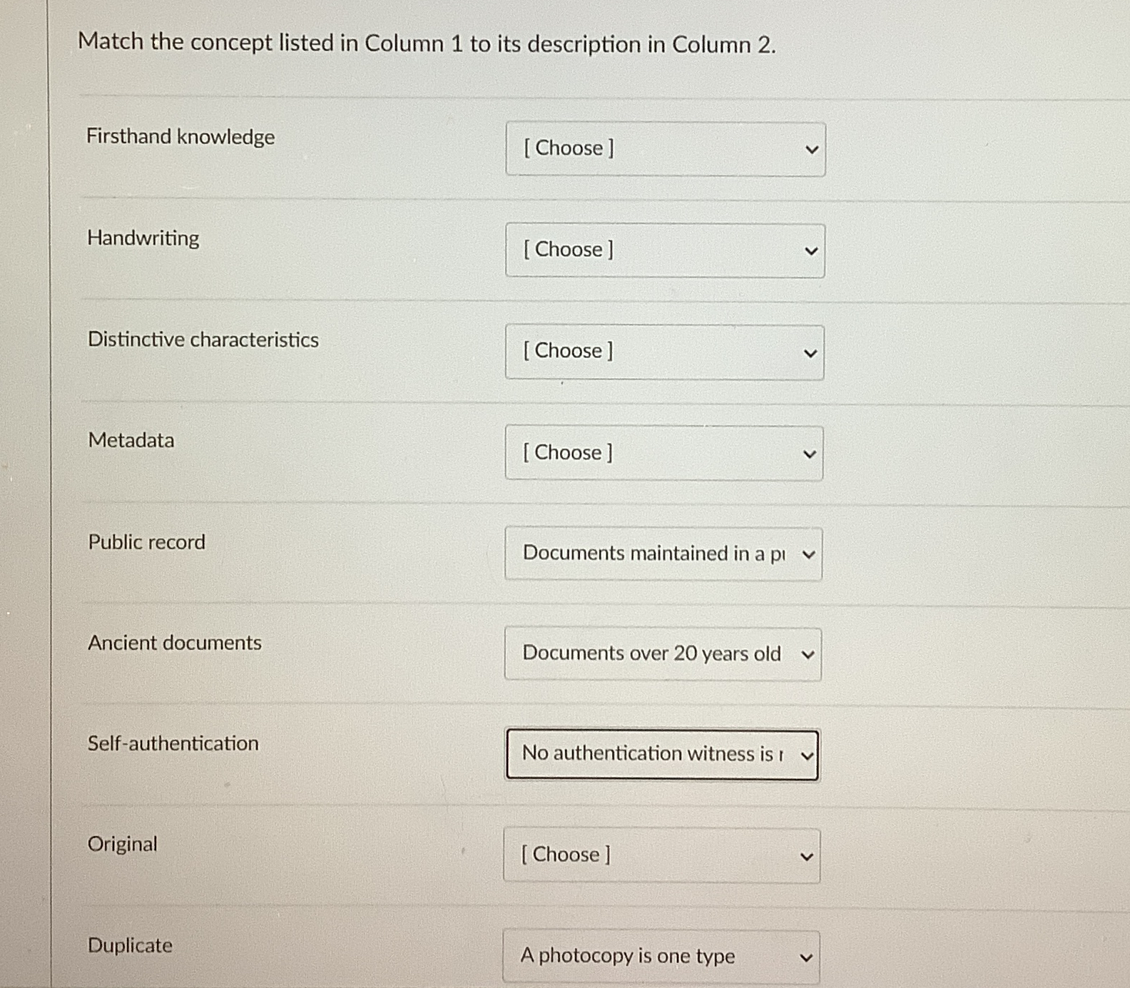 Match the concept listed in Column 1 to its