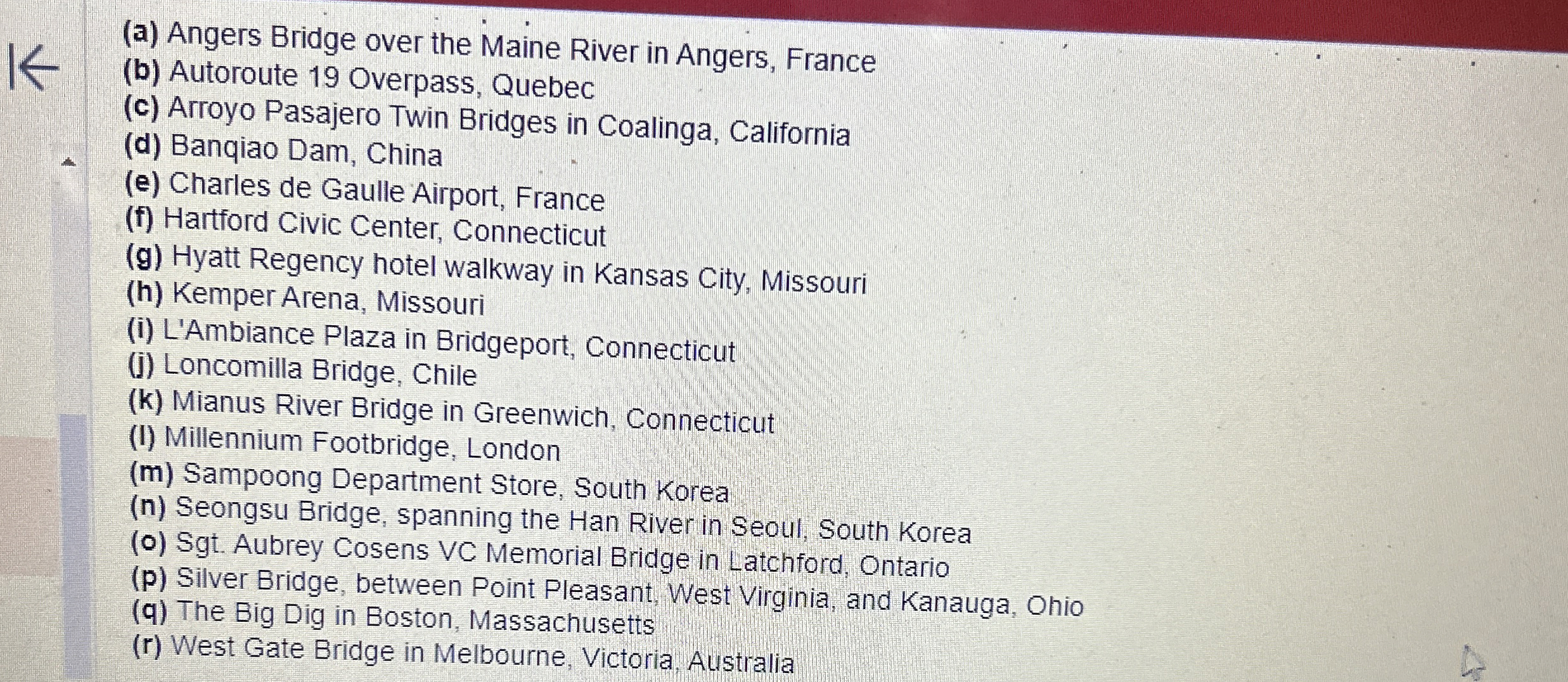 Choose a major transportation structure failure