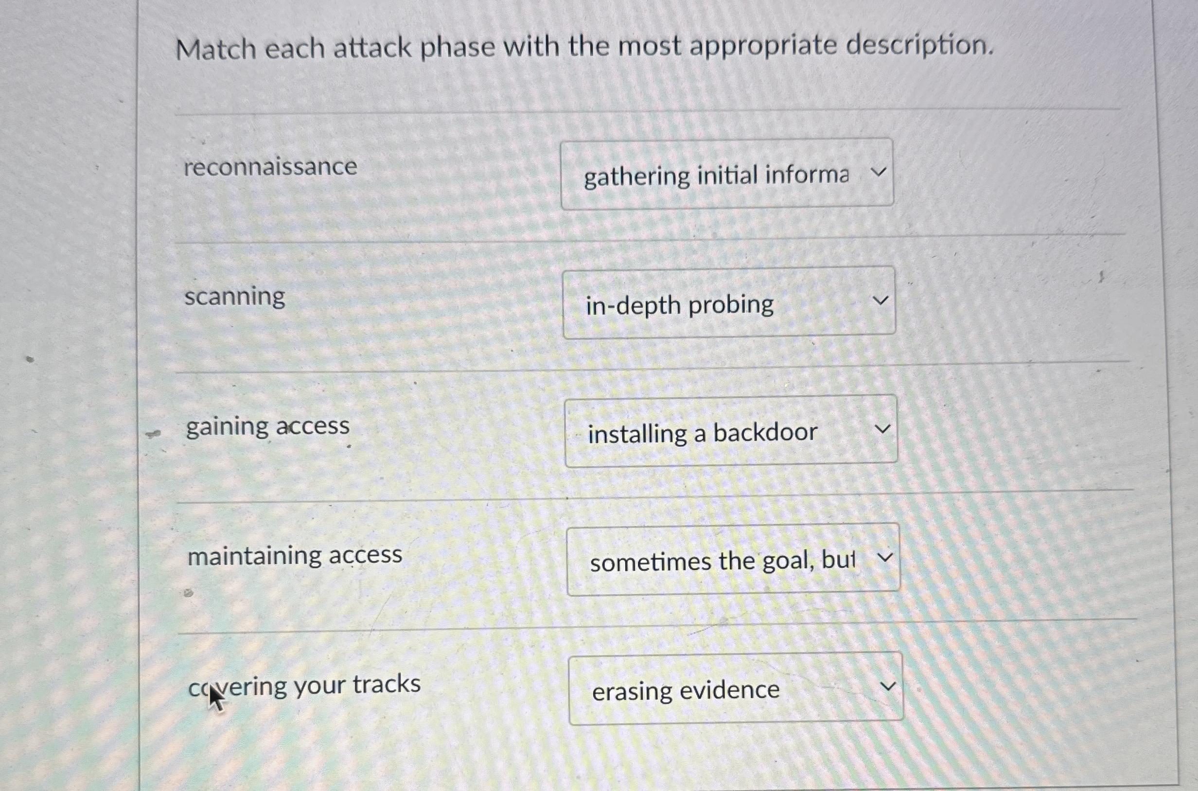 Match each attack phase with the most appropriate