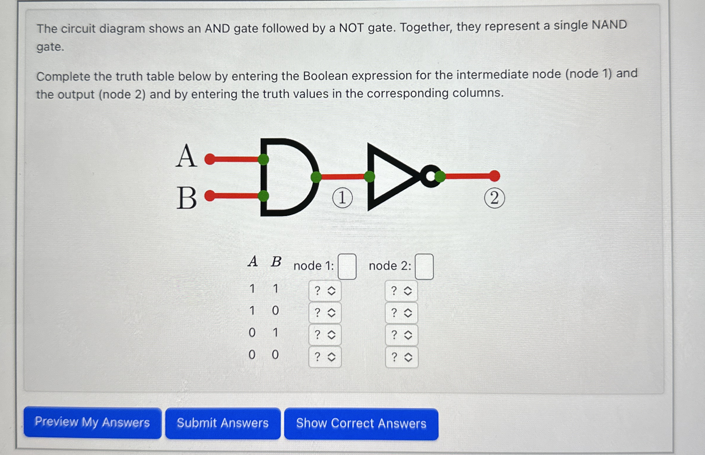 The circuit diagram shows an AND gate followed by