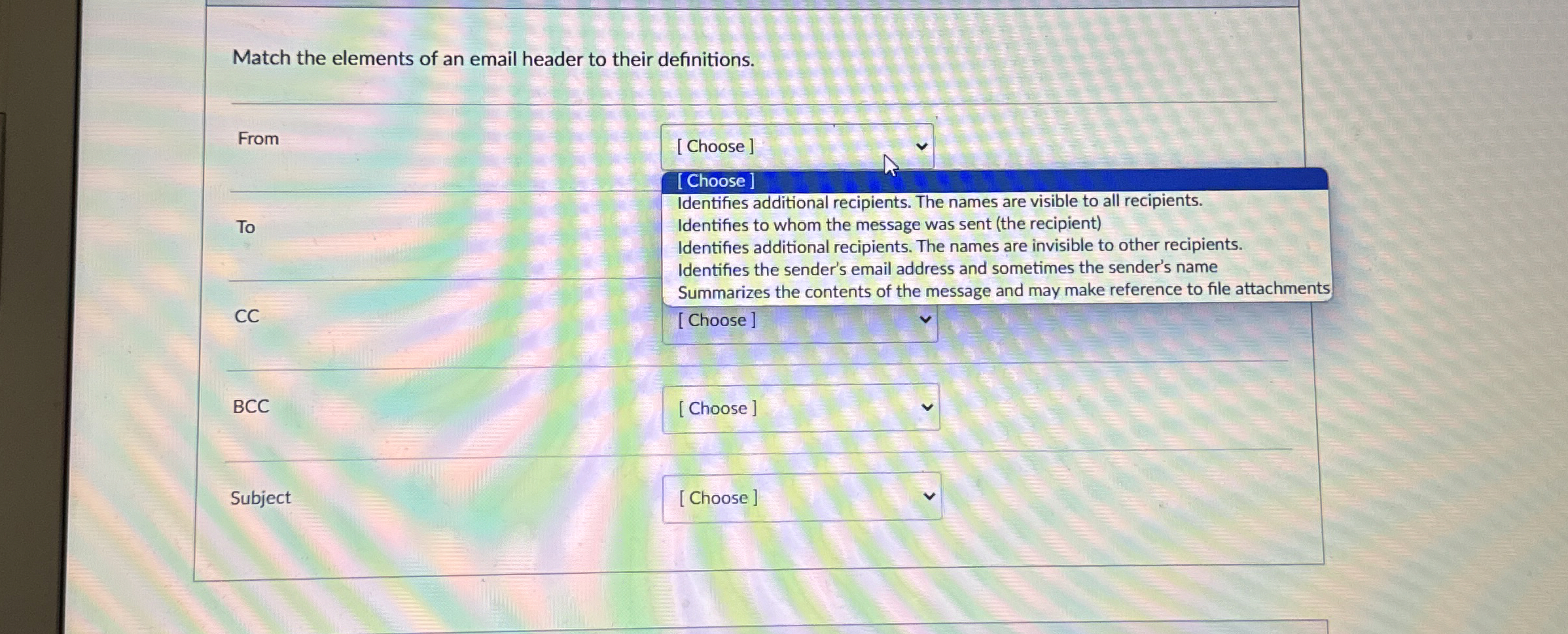 Match the elements of an email header to their