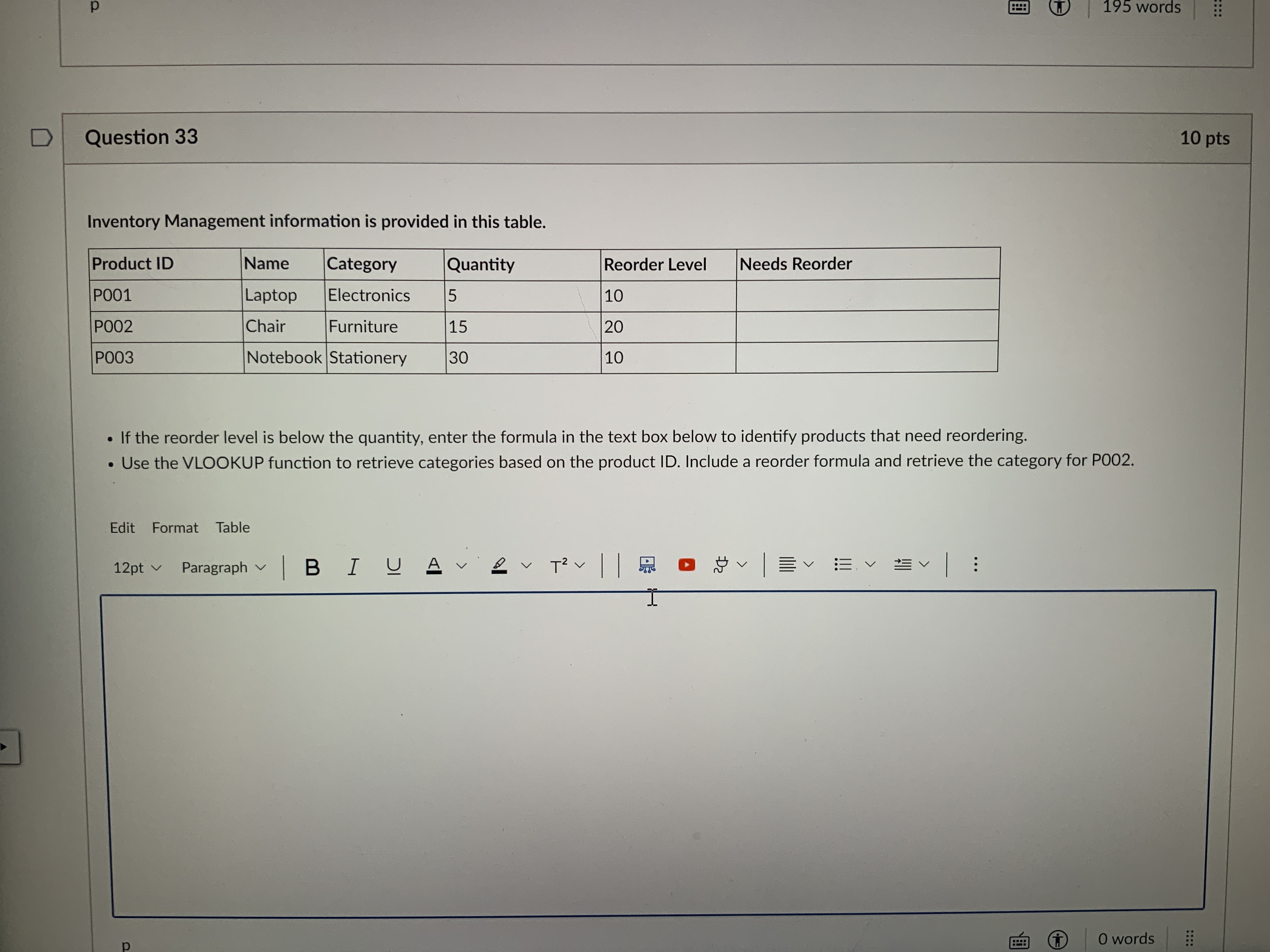 Question 3 3 Inventory Management information is