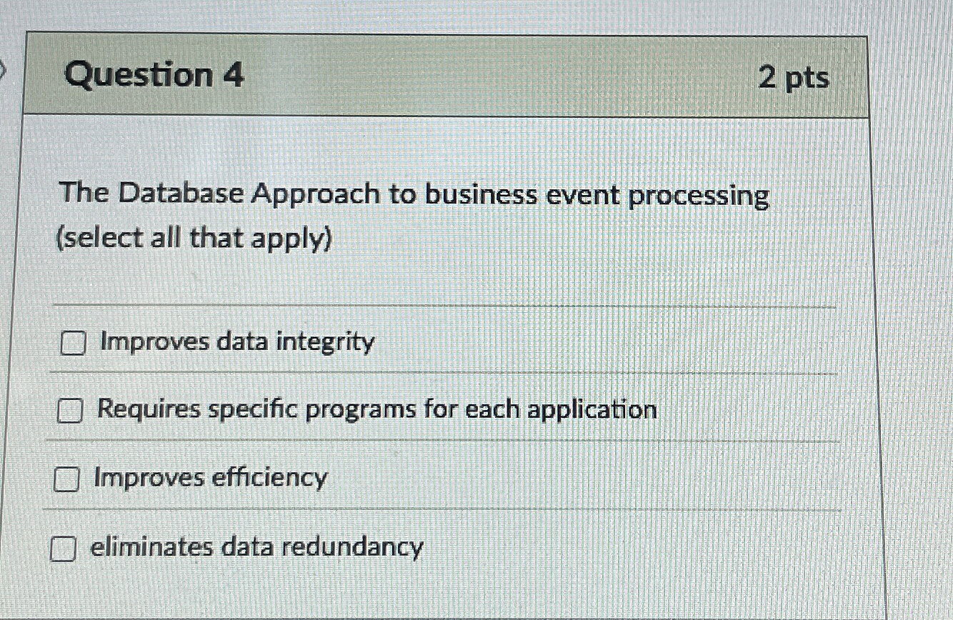 Question 4 2 pts The Database Approach to