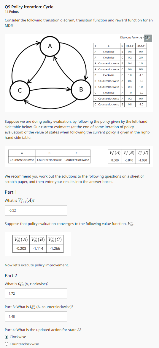 Q 9 Policy Iteration: Cycle 1 4 Points Consider