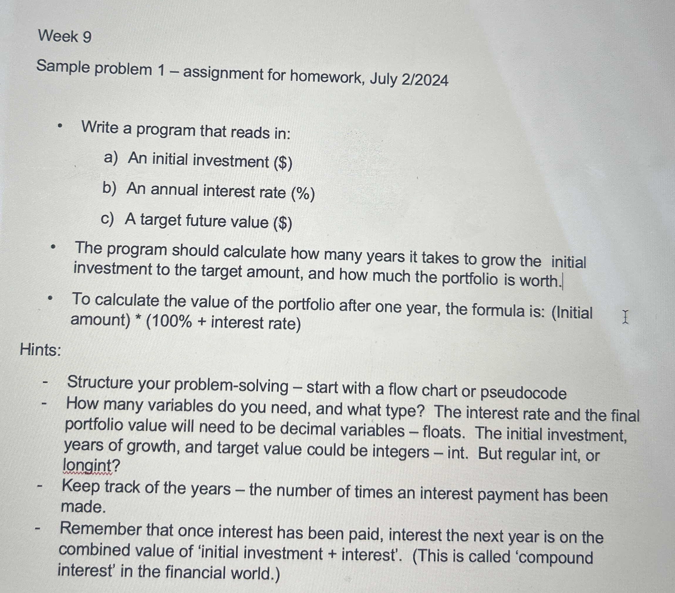 Week 9 Sample problem 1 - assignment for