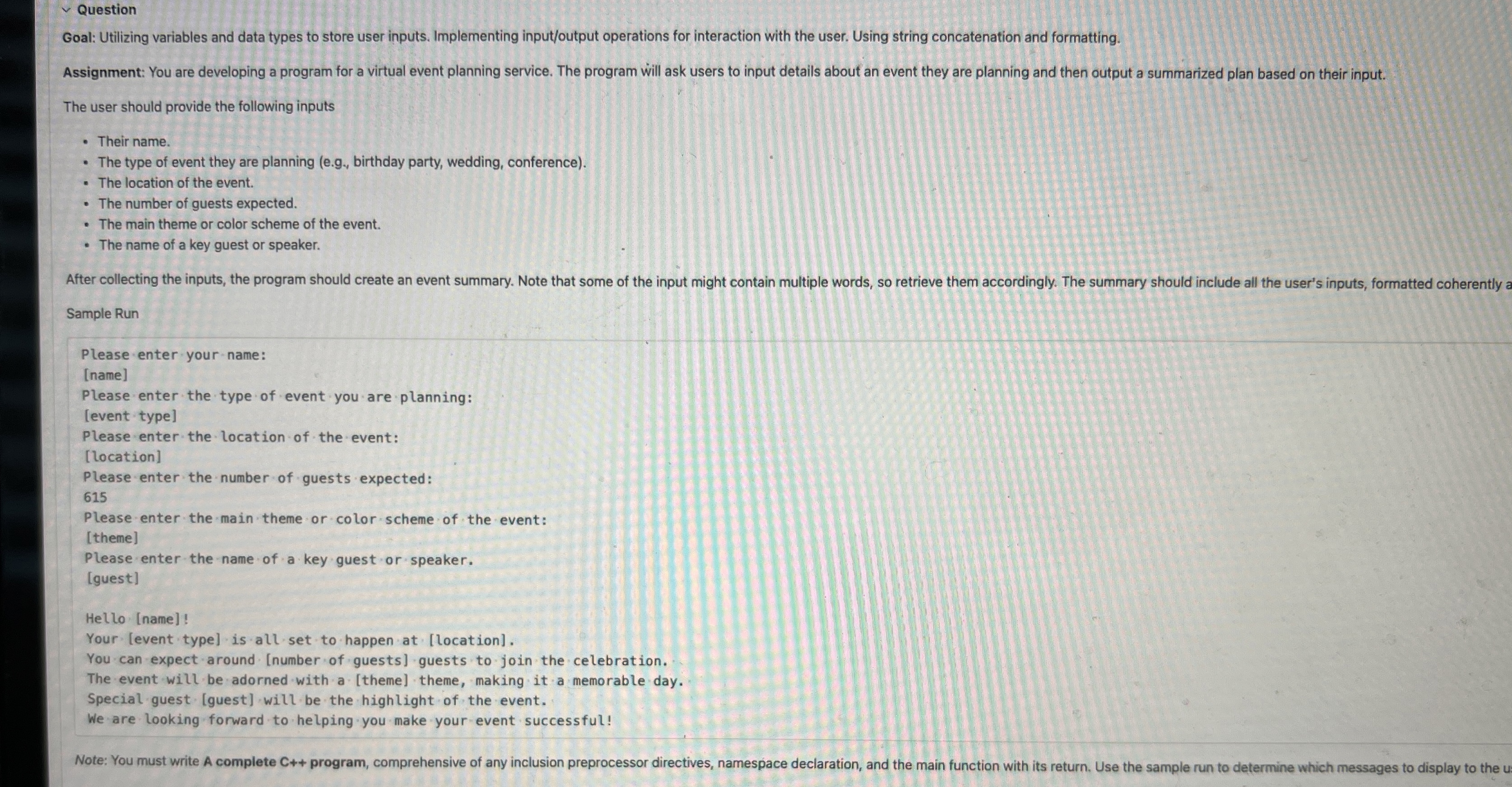 Question Goal: Utilizing variables and data types
