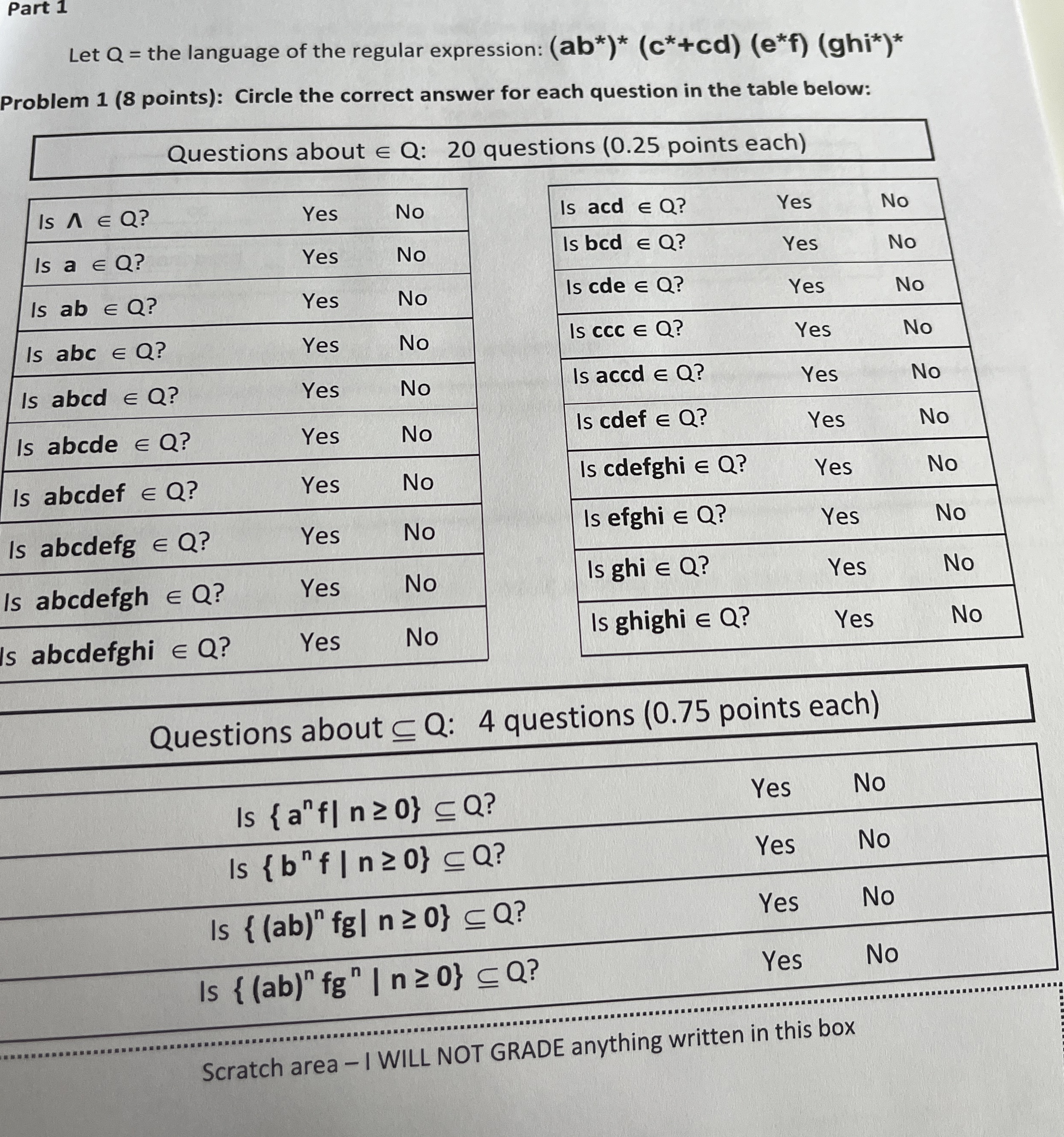 Part 1 Let Q = the language of the regular