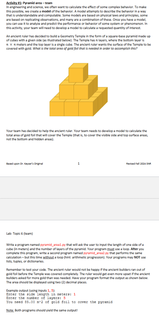 Activity # 1 : Pyramid area - team In engineering